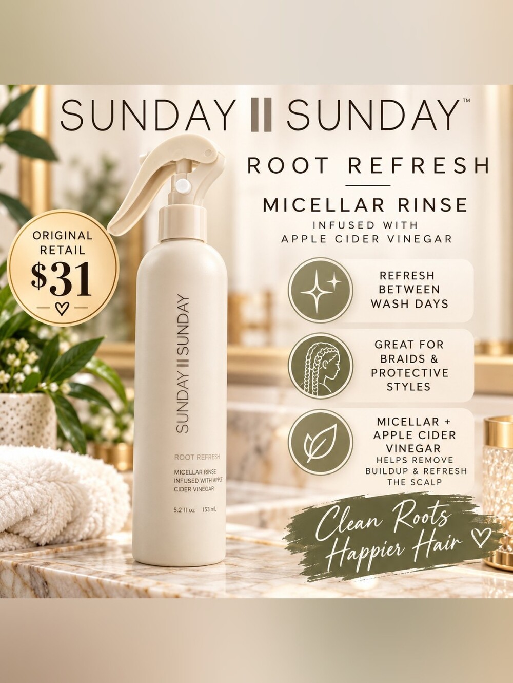 Sunday II Sunday Root Refresh Micellar Rinse Apple Cider Vinegar 5.2 oz